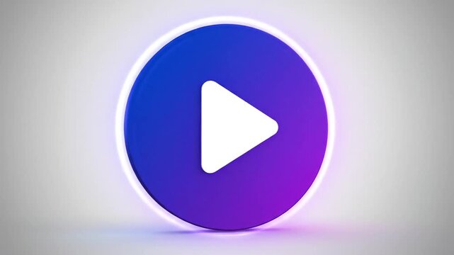 A vibrant 3D play button icon with a glowing purple and blue gradient circle on a clean white background.