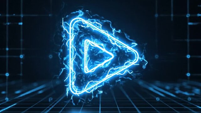 A neon triangle symbol glows brightly on a dark grid floor surrounded by glowing lines and dots