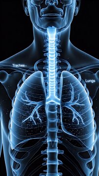 A 3D CGI medical animation showing the human respiratory system with glowing blue trachea bronchi and lungs against a dark background ideal for healthcare education and scientific presentations