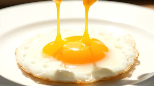 Sequence of eggs being cracked and yolk dripping onto a plate, with hands gently breaking eggshells, using fresh eggs. Focus on yolk, cracking process, and yolk spreading evenly. Bright lighting high