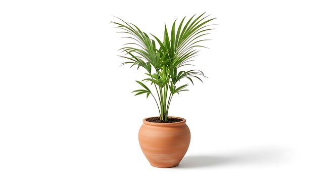 Green palm plant in terracotta pot on white background