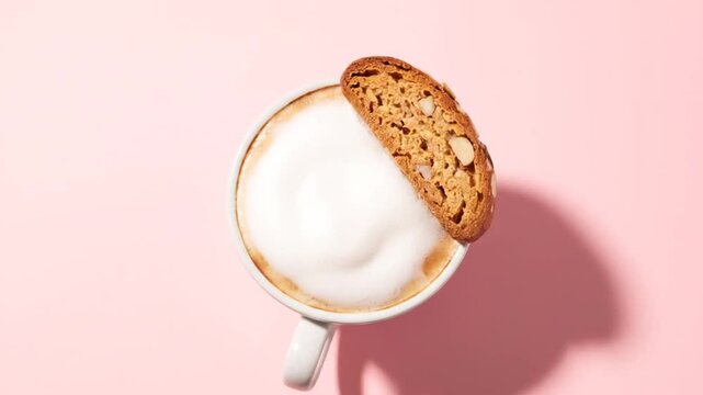 A top-down view of a white cup filled with creamy beverage topped with a cookie, placed on a pink background. The cookie is partially dipped into the drink, casting a shadow. Multiple identical image