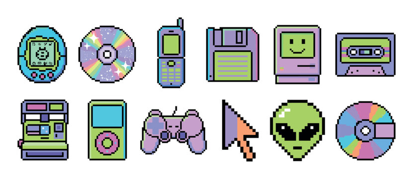 Retro pixel art icon set of 90s technology featuring a virtual pet, mobile phone, computer, and gamepad in a nostalgic 8-bit Y2K aesthetic, isolated on a white background