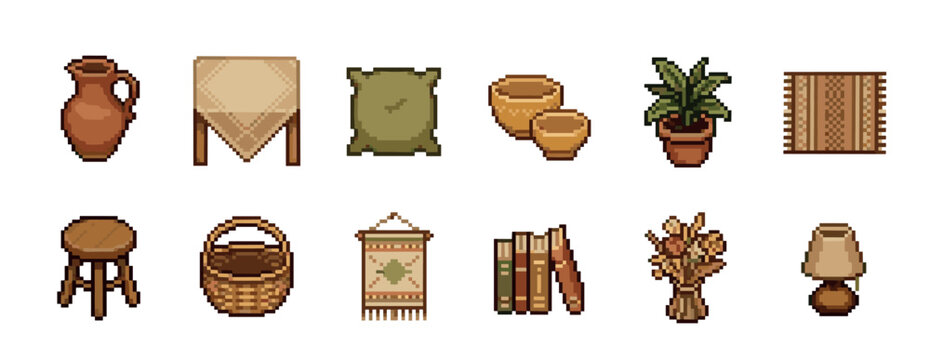Pixel art set of rustic household items and furniture icons for a cozy video game, including a jug, table, plant, and books, isolated on a white background