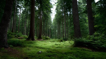 Obraz premium A serene and lush forest scene with tall evergreen trees and a dense carpet of green moss on the forest floor