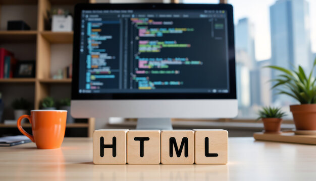 HTML Hypertext Markup Language for web coding and front end development, programming skills for software project work and developer training content with copy space for hiring ads today