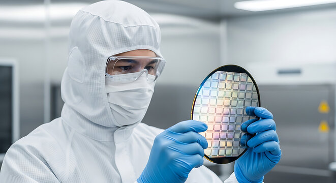 Professional engineer in white sterile protective coverall suit holding semiconductor silicon wafer inside advanced microchip manufacturing cleanroom facility laboratory
