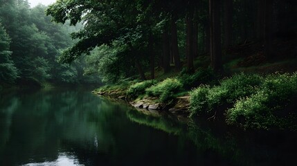 Fototapeta premium A dark reflective forest river scene with lush green trees and tranquil waters