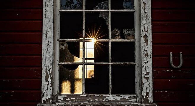 Broken window with sunburst through the glass and peeling white paint aged wood and vintage dramatic contrast of light and shadow