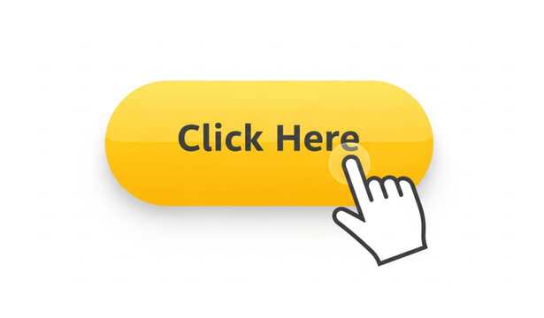 Yellow Click Here Button with Hand Pointer Pressing &mdash; Vector Illustration