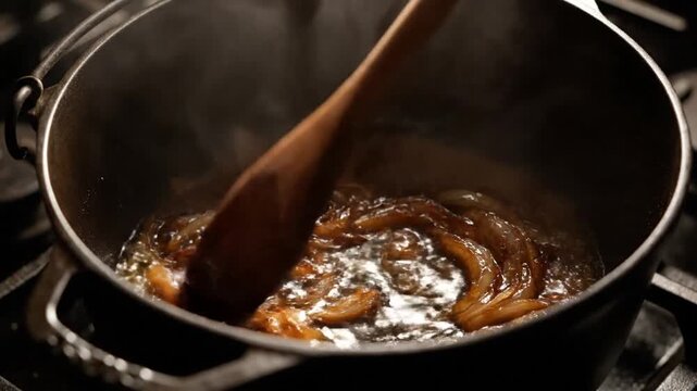 Cooking onions in a pot, stirring and simmering as steam rises, creating a rich aroma. The process shows caramelizing onions for a dish.