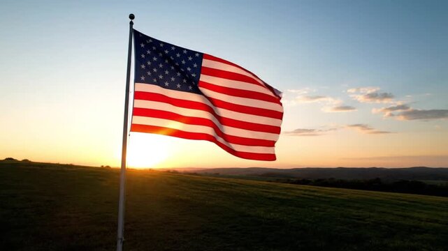 Majestic national flag waving proudly against a breathtaking sunset backdrop, its vibrant colors illuminated by the golden hour, symbolizing unity and enduring spirit over the serene landscape