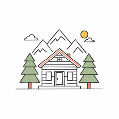 Fototapeta premium Simple house in the mountains with trees and sun.