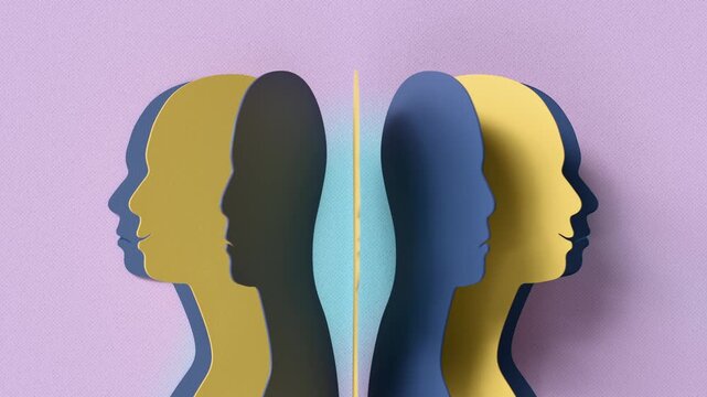3D animation featuring layered mirrored human profiles in blue and yellow tones symbolizing emotional duality. The concept reflects mood variation, psychological contrast and mental health awareness.