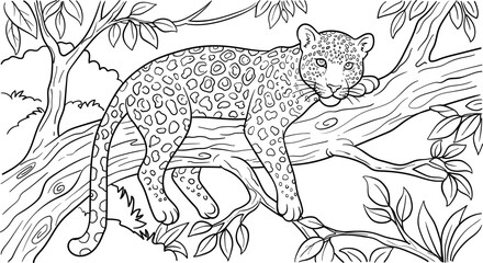 Wild Leopard Walking On Tree Coloring Page © hendi