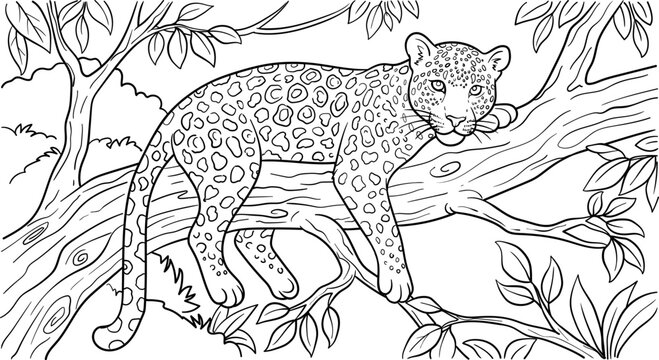 Wild Leopard Walking On Tree Coloring Page