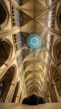 First Person View Looking Up at Gothic Cathedral Ceiling with Rose Window and Ribbed Vaults