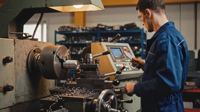 Man operating lathe machine in workshop