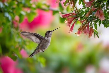 Fototapeta premium Hummingbird Feeding on Tropical Flowers 