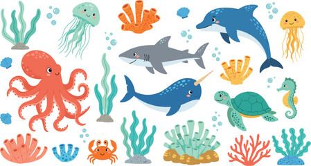 Cute ocean animals collection with octopus dolphin shark turtle jellyfish coral and sea plants cartoon vector set © Kharshad Creative