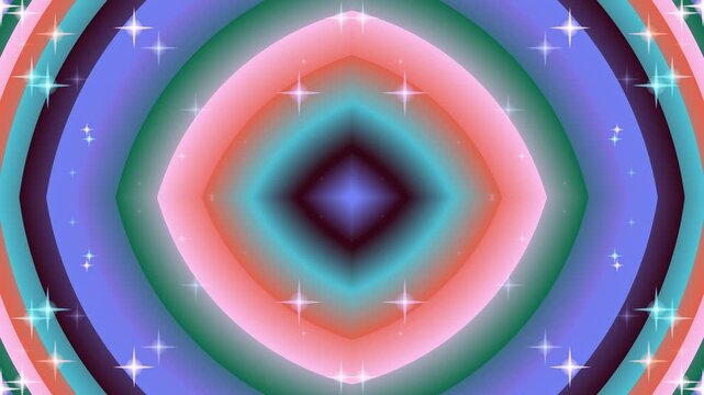 Vibrant concentric diamond shapes with glowing stars forming a kaleidoscope pattern in a mesmerizing illustration