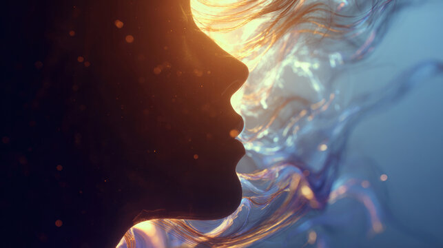 Abstract Human Profile with Glowing Ethereal Flow and Particles