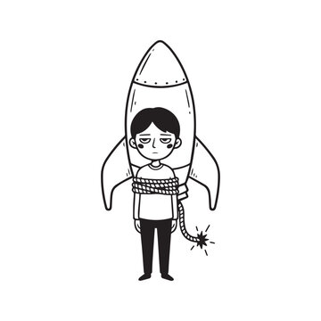 Hand drawn vector illustration of a sad young man tied to a giant firework rocket with a lit fuse. Black and white doodle line art concept of business startup, risky launch, extreme pressure, or burno
