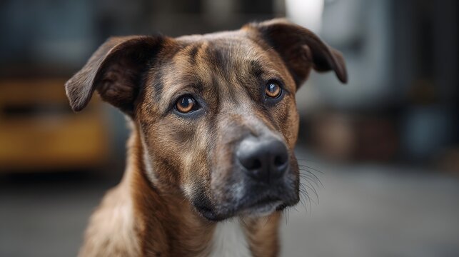 Close up portrait of a brindle dog with attentive amber eyes in a blurred industrial setting showcasing detailed fur texture and a warm expression
