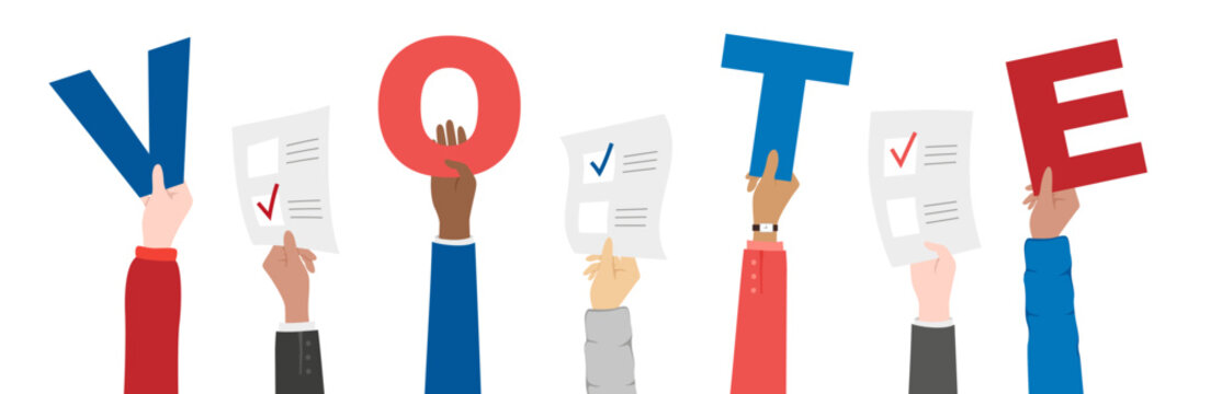 Hands holding the word VOTE and voting blanks. Vector conceptual illustration of voting or election day. Vector horizontal border from human hands up with decoration element.
