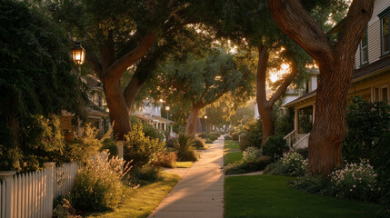 Obraz premium Serene Neighborhood Avenue: An inviting avenue, lined with mature trees, offering a tranquil scene of residential architecture at dusk, illuminated by warm streetlights and sunlight.