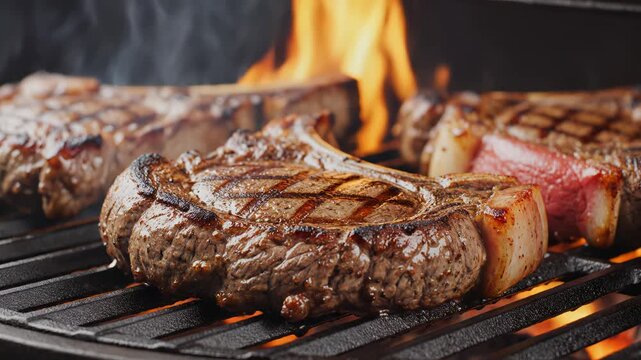 Grilled steaks on a barbecue