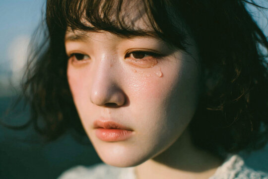 Close-up Portrait of a Sad Young Woman Crying with a Single Tear