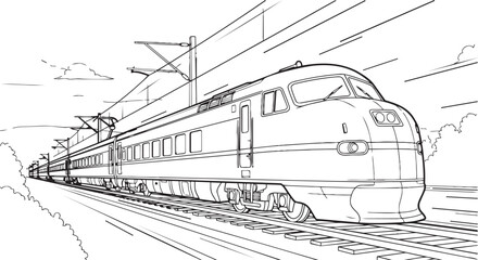 A black and white sketch of a train speeding along a railway track with overhead power lines