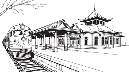 A train stops at a traditional asian style train station with a pagoda roof