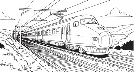 A black and white illustration of a train traveling on railroad tracks through a scenic landscape with mountains