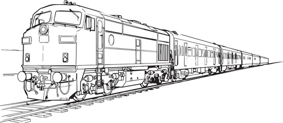 A vintage diesel locomotive train traveling along a railroad track with multiple cars