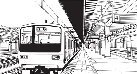 A black and white illustration of a train stopped at a station platform with a modern architectural design