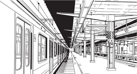 A black and white illustration of a train station platform with a train on the left side and empty benches