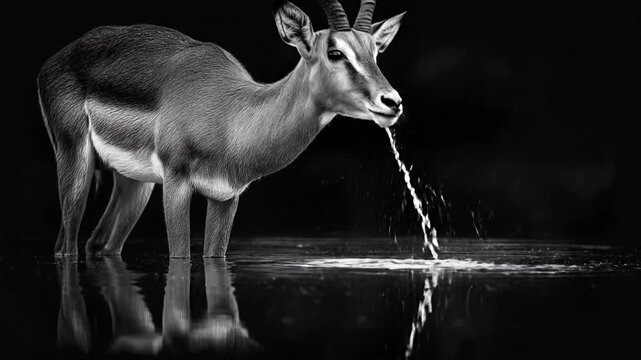 Black and white image of an antelope drinking water. Its reflection is visible in the still water