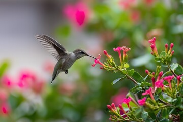Fototapeta premium Hummingbird Feeding on Tropical Flowers 