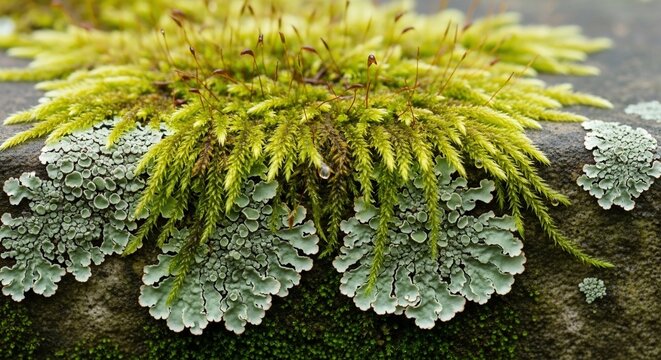 Vibrant green lichen and moss growing on a stone surface.