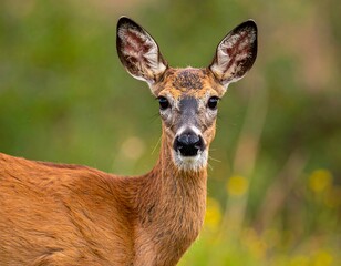 Obraz premium Portrait of a young, brown roe deer with large ears set against a grassy meadow