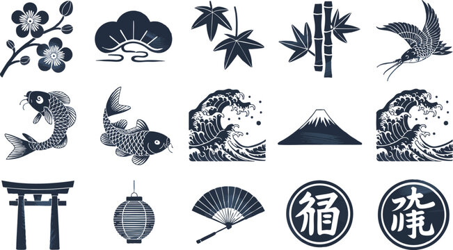 Japanese traditional icon set (Flower, Nature, Food, pattern, etc