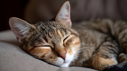 A tranquil close up portrait captures a tabby cat peacefully sleeping on a soft textured cushion