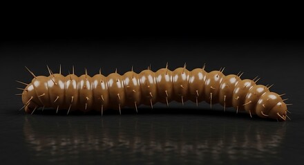 Close up of a brown caterpillar isolated on a dark reflective surface