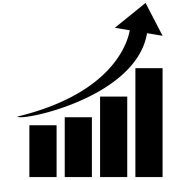 Black and white growth bar chart icon with upward curving arrow indicating success and progress