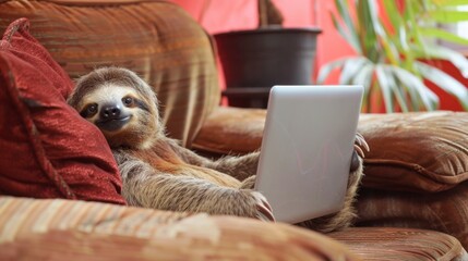 Fototapeta premium A sloth relaxes on a couch, using a laptop. The setting features a cozy interior with plants and cushions, highlighting a laid-back lifestyle.