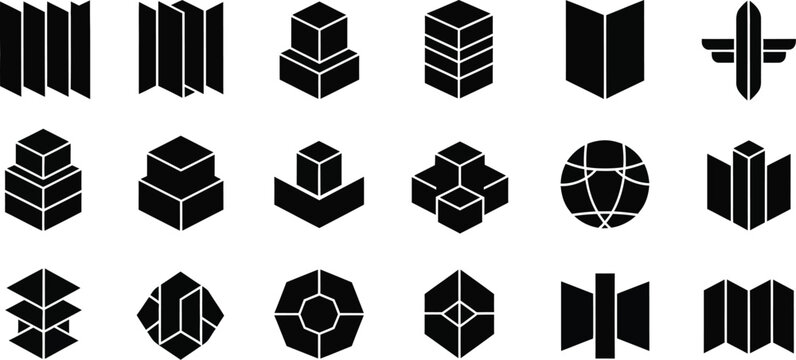 A collection of abstract geometric icons and symbols in black and white, featuring various shapes like cubes, maps, and globes for design projects.