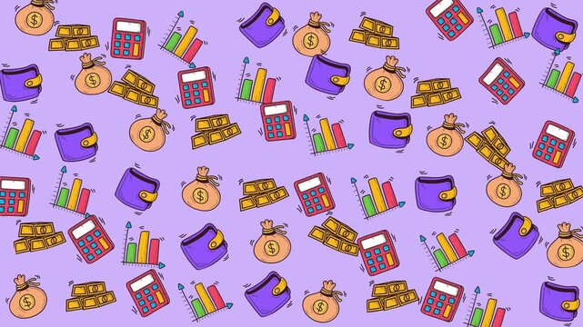 Scattered icons of money calculators, graphs, and wallet illustrations. Suitable for financial blog, website design, or online banking services.