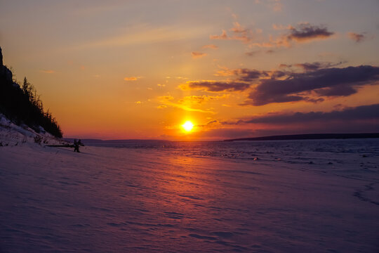 A beautiful sunset on the Lena River in winter